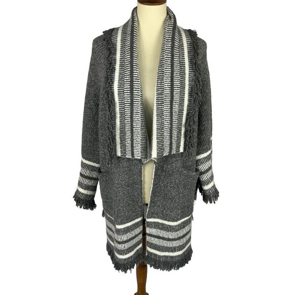Anthropologie Saturday Sunday Striped Fringe Kimono Boho Open Cardigan Sweater - Picture 1 of 9